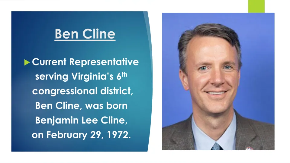 Biography slide introducing Virginia representative Ben Cline as Benjamin Lee Cline, born February 29, 1972