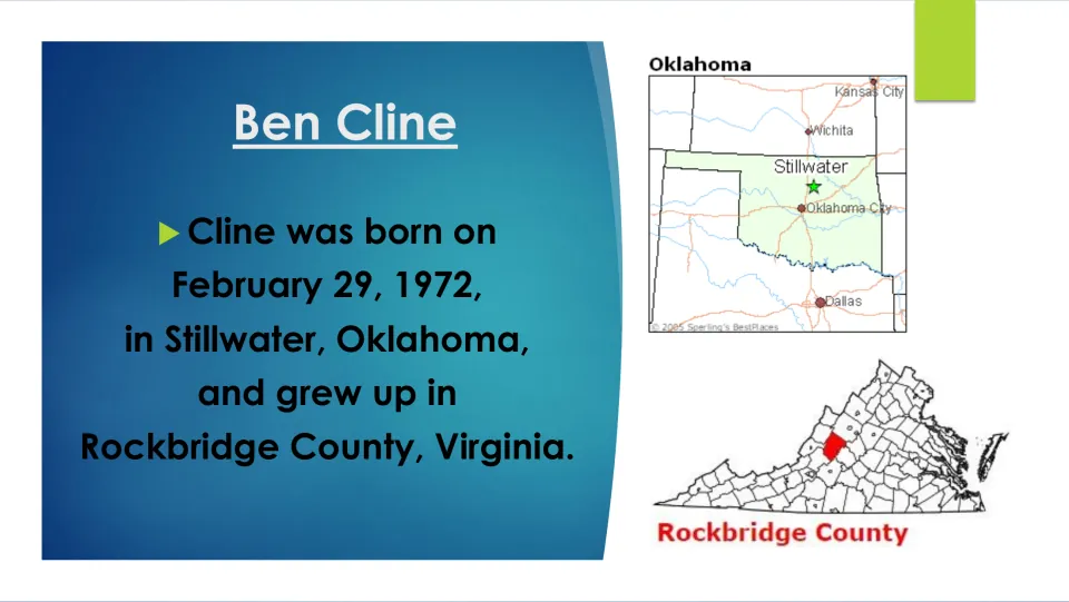 Early-life biography slide naming Stillwater, Oklahoma, as Cline’s birthplace and Rockbridge County as his home