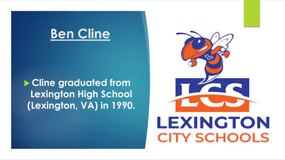 Education biography slide stating that Ben Cline graduated from Lexington High School in Virginia in 1990