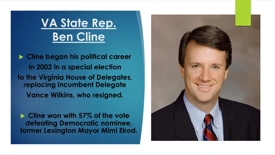 Political biography slide covering Cline’s 2002 Virginia House special election win with 57% of the vote