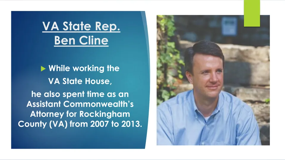 Career biography slide on Cline’s work as an assistant commonwealth’s attorney in Rockingham County, 2007–2013
