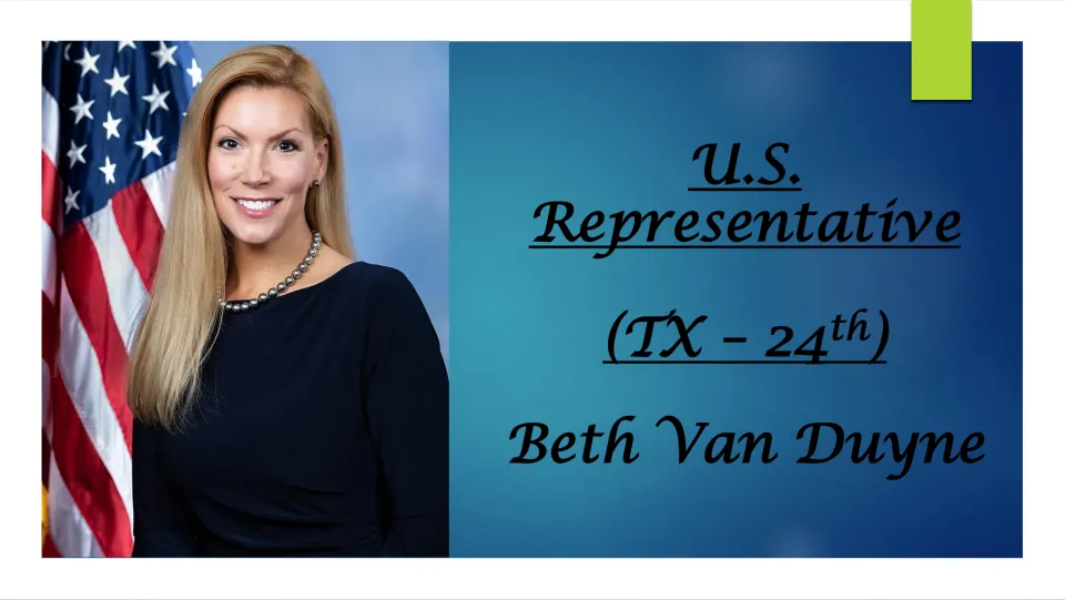 Biography presentation cover identifying Beth Van Duyne as U.S. Representative for Texas’s 24th district