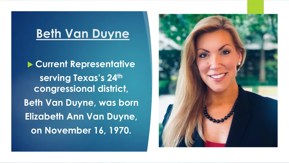 Biography slide giving Beth Van Duyne’s birth name, Elizabeth Ann Van Duyne, and birthdate, November 16, 1970