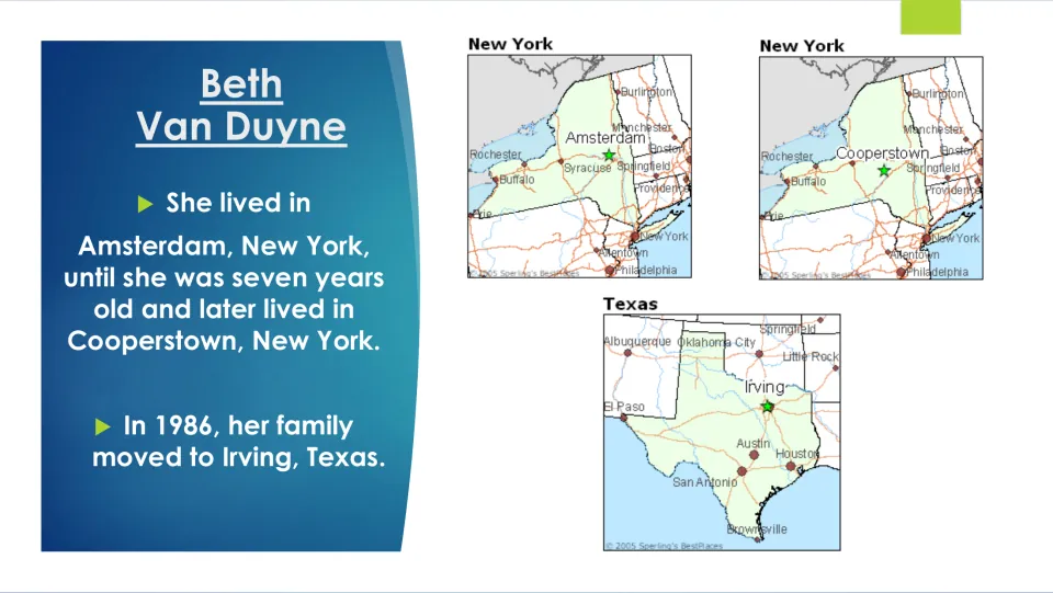 Biography slide tracing Van Duyne’s childhood in Amsterdam and Cooperstown and her 1986 move to Irving, Texas