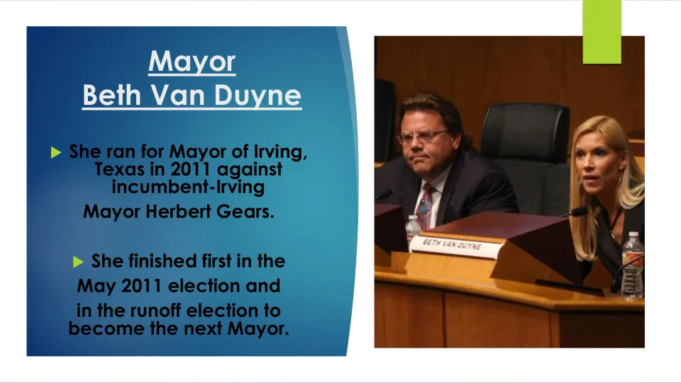 Biography slide describing Van Duyne’s 2011 Irving mayoral race against Herbert Gears and runoff victory