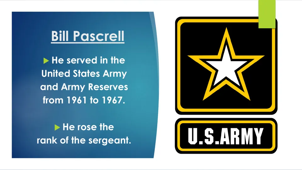 Biography slide covering Pascrell’s Army and Army Reserves service from 1961 to 1967 and rank of sergeant