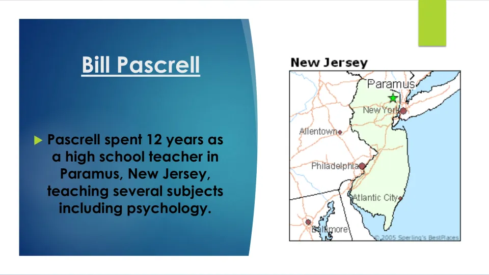 Biography slide on Pascrell’s 12 years teaching high school in Paramus, including the subject of psychology