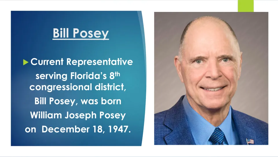 Biography slide giving Bill Posey's full name, William Joseph Posey, and birth date, December 18, 1947