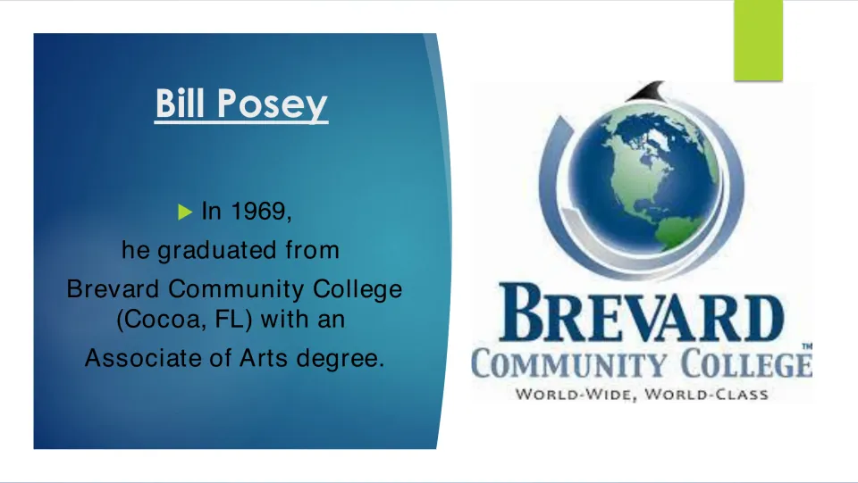 Biography slide on Posey's 1969 graduation from Brevard Community College with an Associate of Arts degree