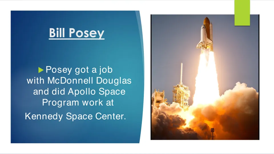 Biography slide describing Posey's McDonnell Douglas job and Apollo program work at Kennedy Space Center