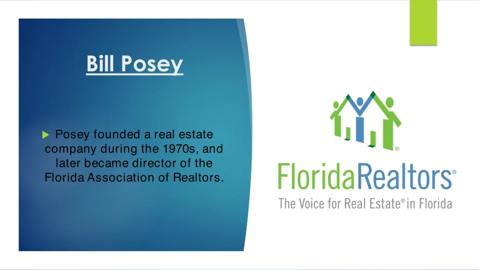 Biography slide on Posey's 1970s real estate company and later role directing the Florida Association of Realtors