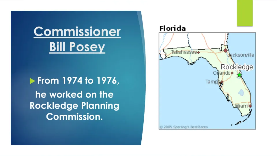 Biography slide covering Posey's service on the Rockledge Planning Commission from 1974 to 1976