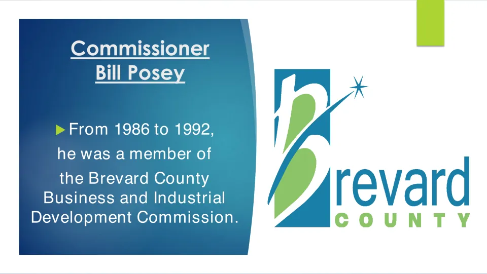 Biography slide on Posey's 1986–1992 service on the Brevard County Business and Industrial Development Commission