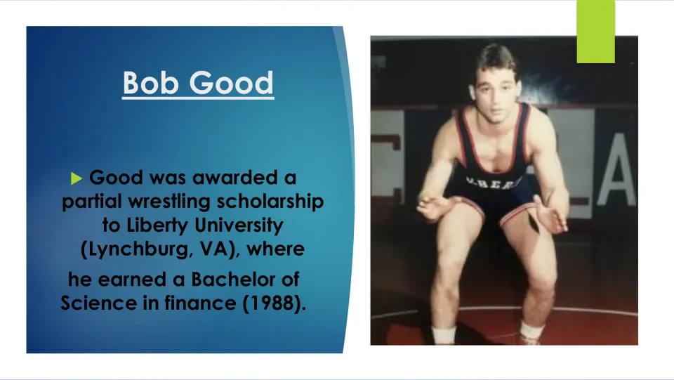 Biography slide on Bob Good’s partial wrestling scholarship and 1988 finance degree from Liberty University
