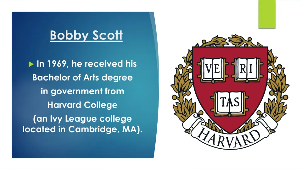 Education slide stating that Scott earned a Bachelor of Arts degree in government from Harvard in 1969