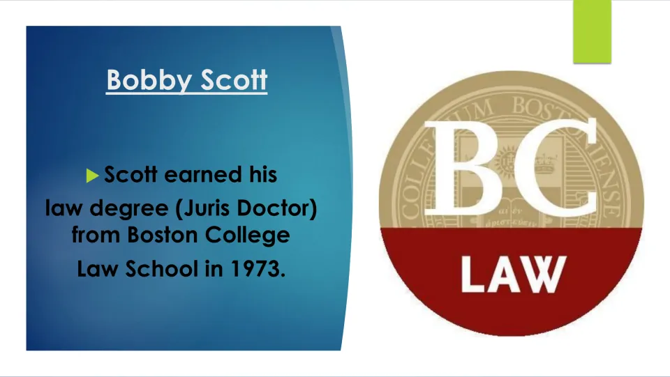 Education slide stating that Scott earned his law degree, a Juris Doctor, from Boston College in 1973