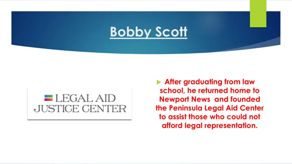 Early career slide describing Scott’s founding of the Peninsula Legal Aid Center after law school