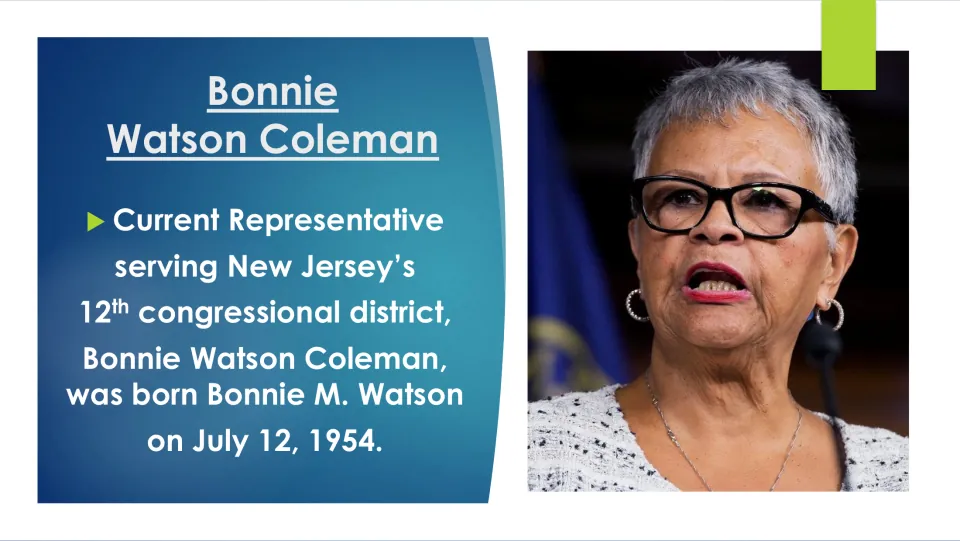 Biography slide identifying Bonnie Watson Coleman's birth name as Bonnie M. Watson and birthdate as July 12, 1954