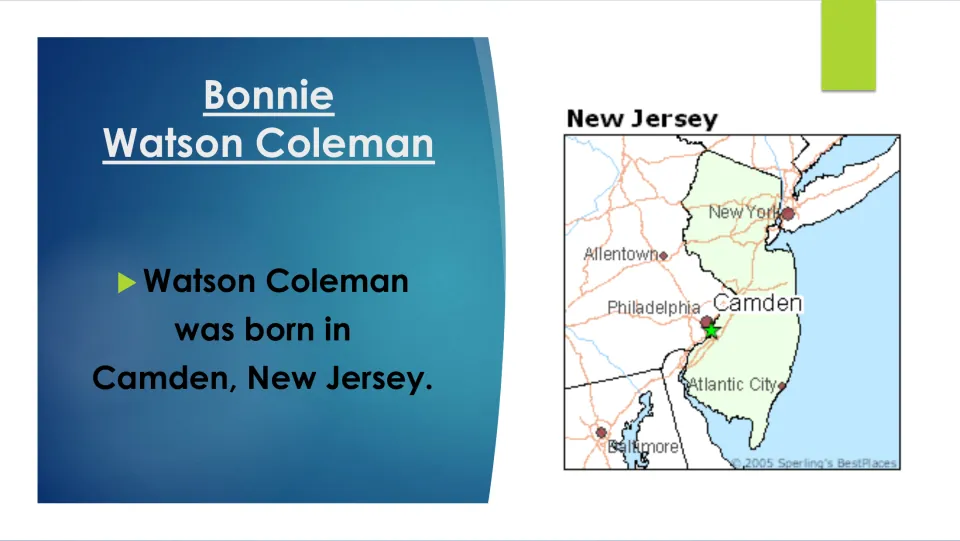 Biography slide stating that Bonnie Watson Coleman was born in Camden, New Jersey, beside a state map