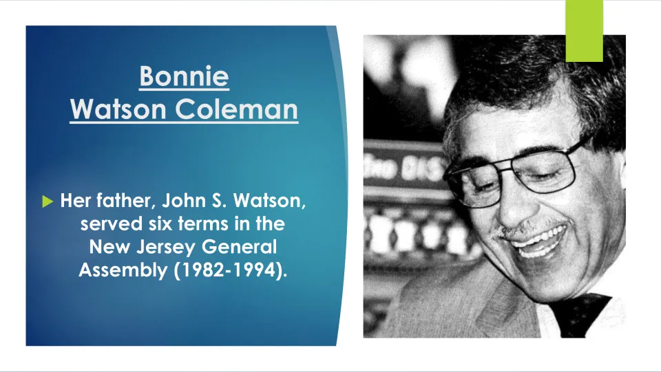 Biography slide on her father, John S. Watson, and his six New Jersey General Assembly terms, 1982–1994