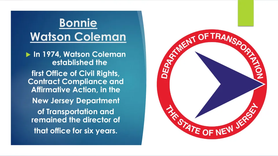 Biography slide on establishing a New Jersey transportation civil rights office in 1974 and directing it six years