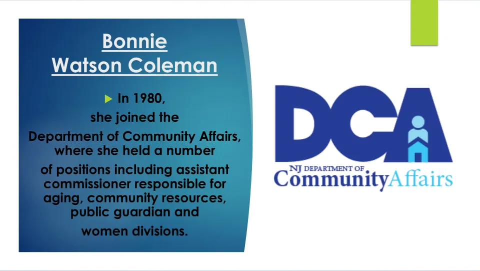 Biography slide on joining the Department of Community Affairs in 1980 and serving as assistant commissioner