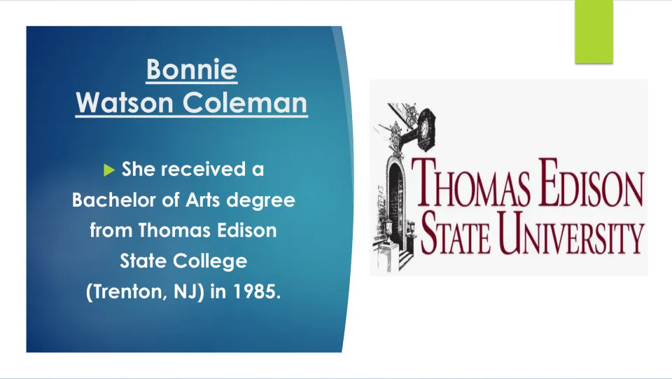 Biography slide noting her 1985 Bachelor of Arts degree from Thomas Edison State College in Trenton, New Jersey