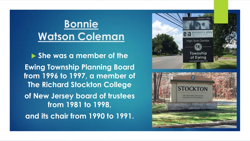 Biography slide on Ewing Township Planning Board service and Richard Stockton College trustee and chair roles