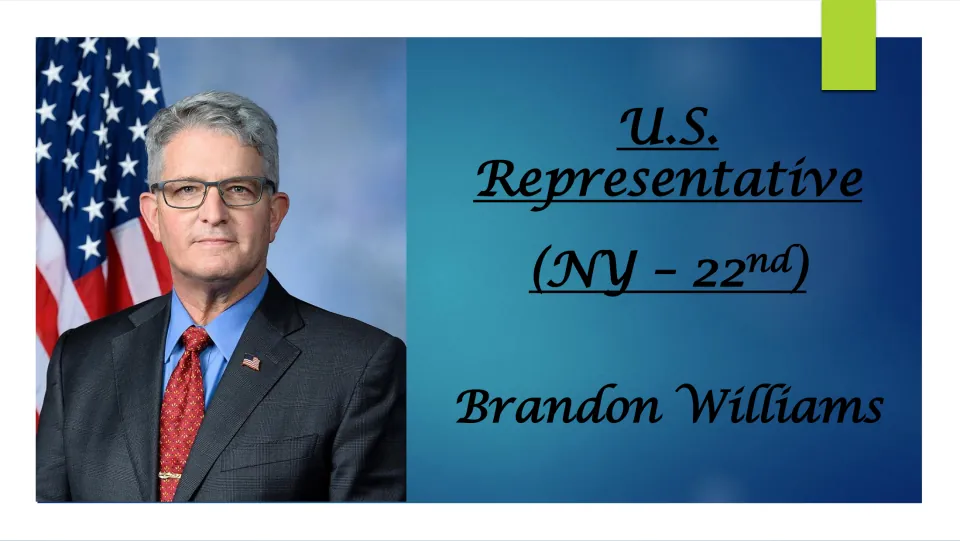 Biography presentation cover identifying Brandon Williams as U.S. Representative for New York's 22nd district