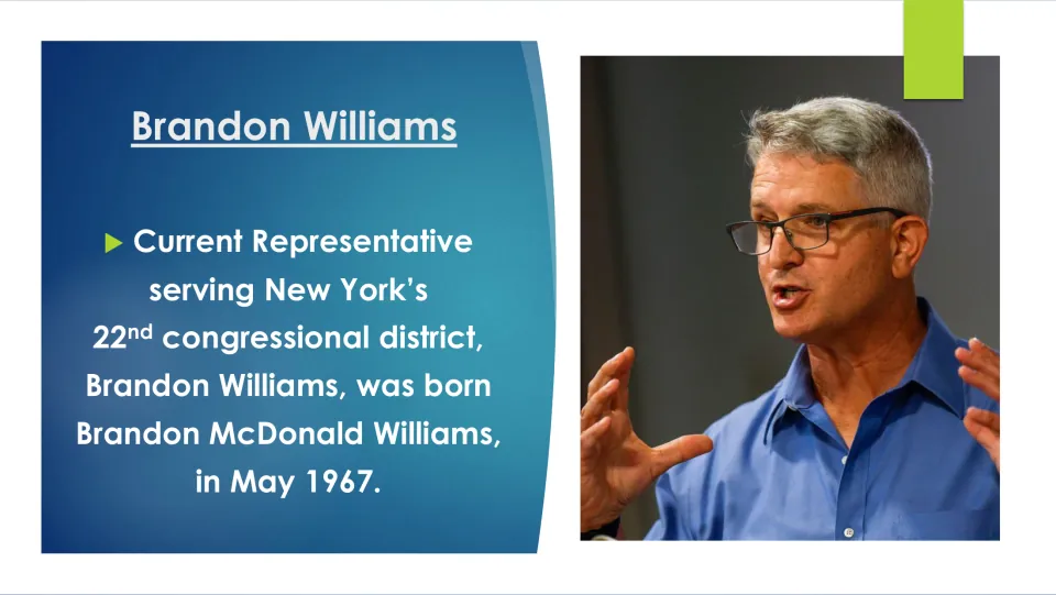 Biography slide introducing Brandon McDonald Williams, his May 1967 birth, and New York's 22nd district