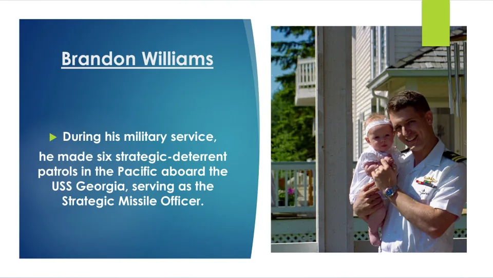 Biography slide detailing Williams's six Pacific patrols aboard USS Georgia as Strategic Missile Officer