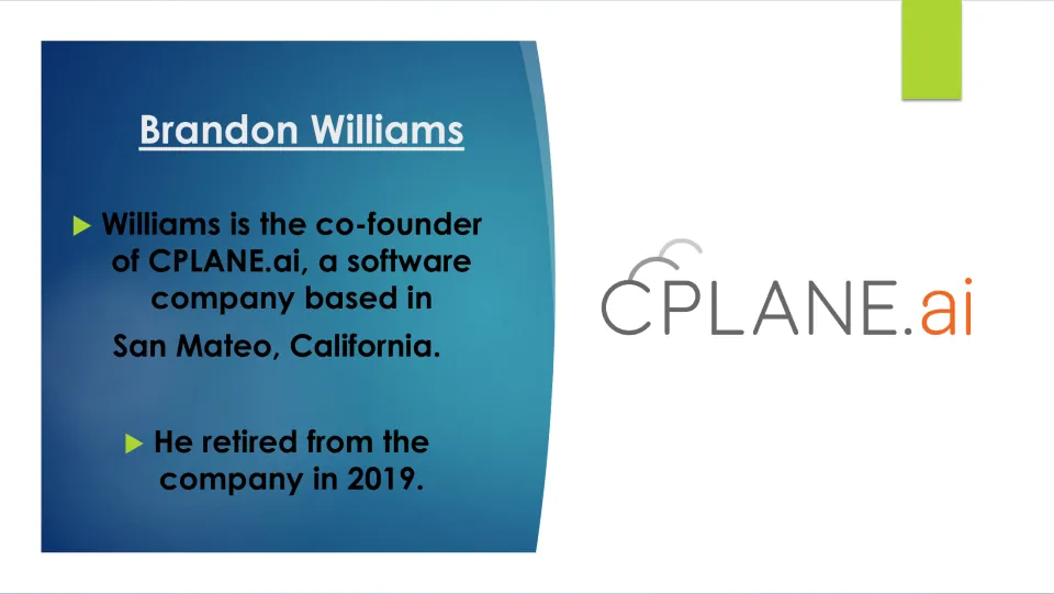 Biography slide identifying Williams as a co-founder of C PLANE.ai and noting his retirement in 2019