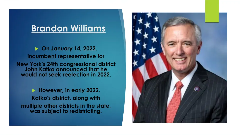 Biography slide explaining John Katko's 2022 decision not to seek reelection and New York redistricting