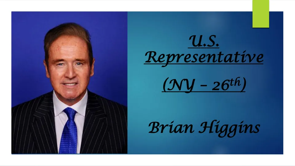Biography presentation cover identifying Brian Higgins as U.S. representative for New York's 26th district