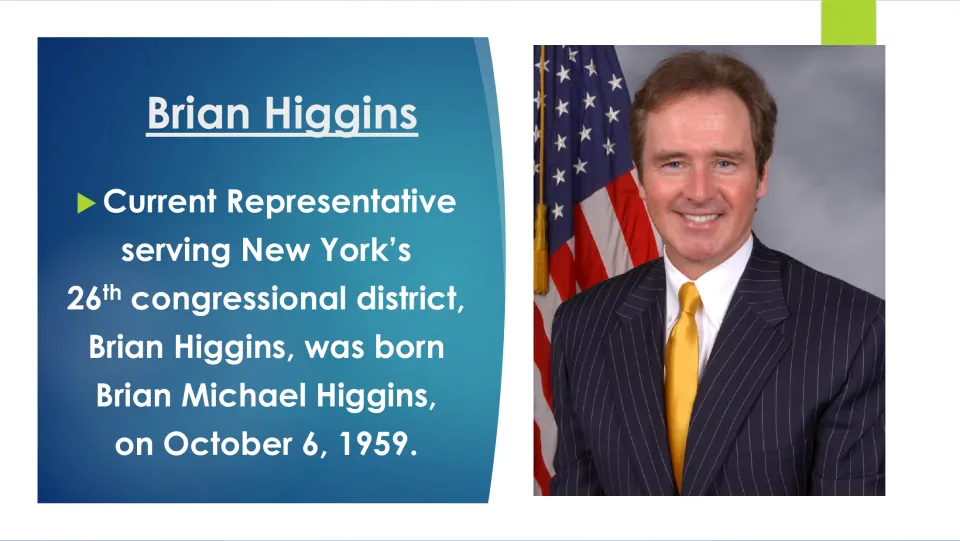 Biography slide introducing Brian Michael Higgins, born October 6, 1959, and his congressional district