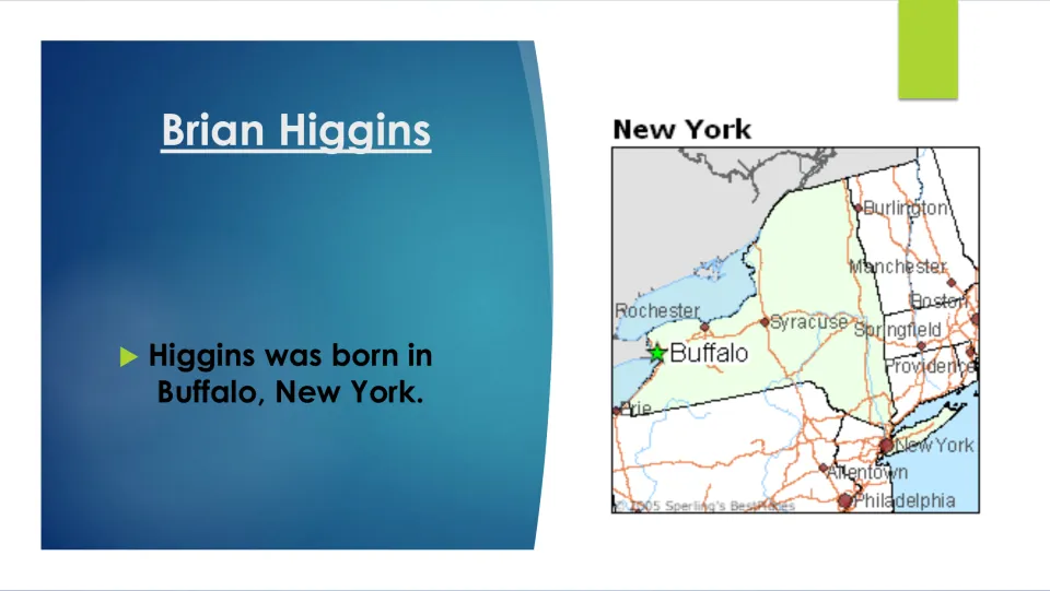 Biography slide naming Buffalo, New York, as Brian Higgins's birthplace, with a map marking the city
