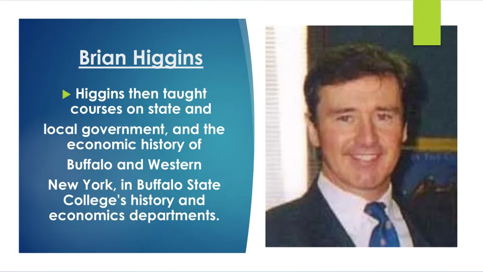 Biography slide describing Higgins's teaching at Buffalo State on government and regional economic history