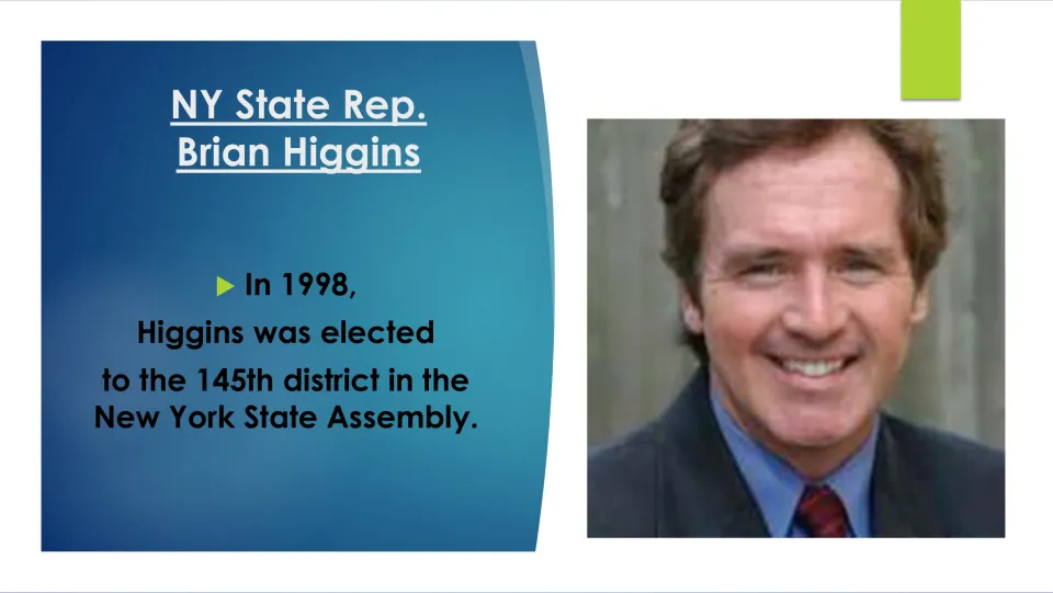Biography slide describing Higgins's 1998 election to the 145th district in the New York State Assembly