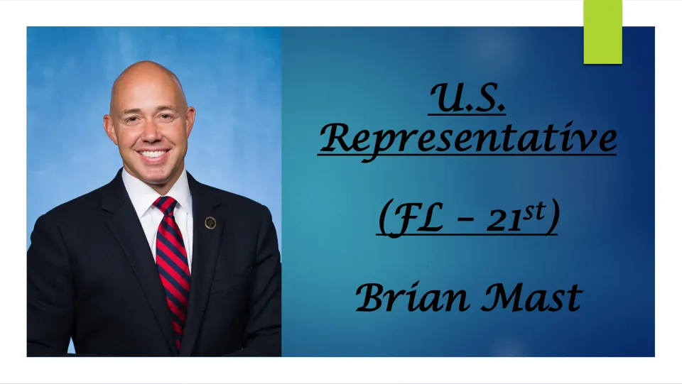 Biography presentation cover identifying Brian Mast as U.S. Representative for Florida’s 21st district
