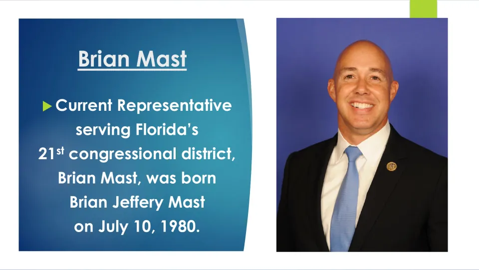 Biography slide introducing Brian Jeffery Mast, born July 10, 1980, as Florida’s 21st district representative