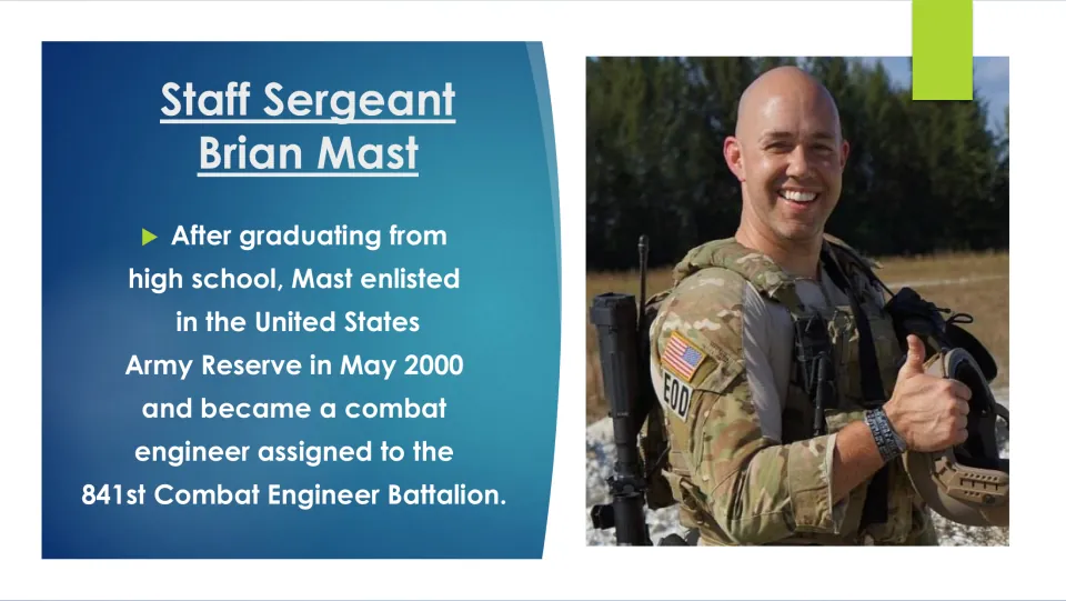 Military biography slide on Mast’s May 2000 Army Reserve enlistment and 841st Combat Engineer Battalion assignment