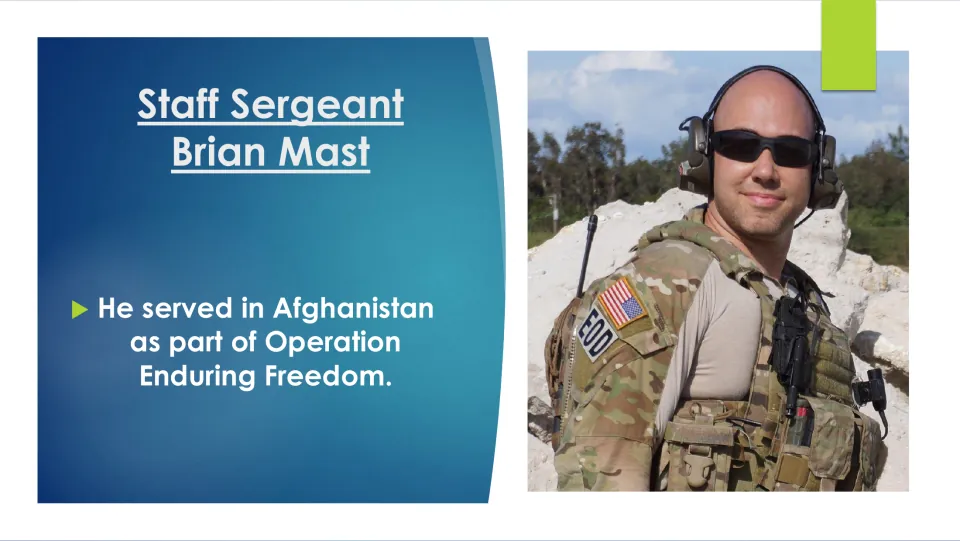 Military biography slide stating that Staff Sergeant Brian Mast served in Afghanistan during Operation Enduring Freedom