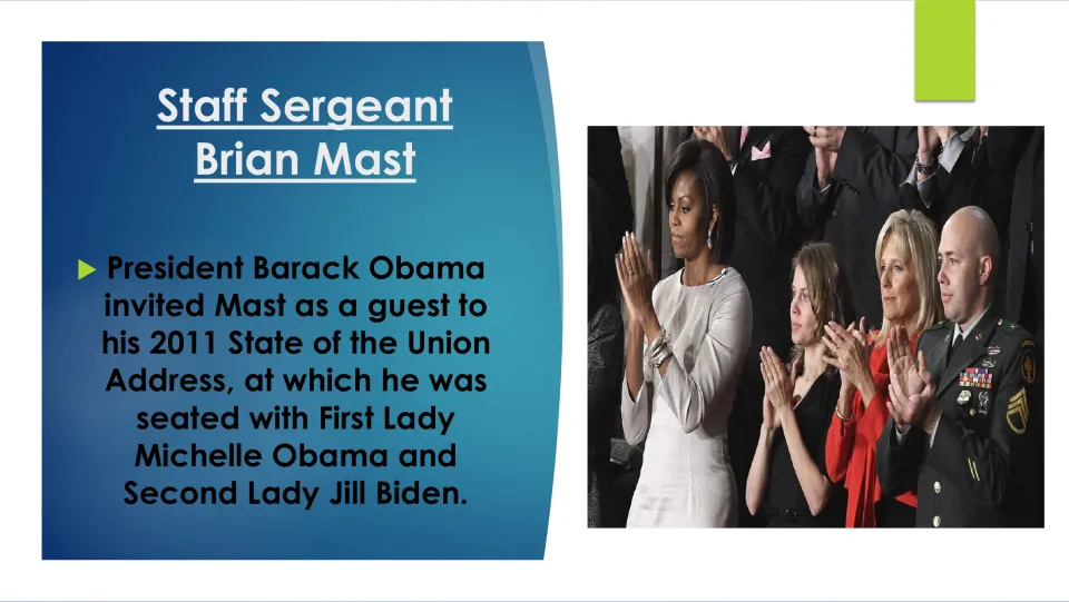 Biography slide on Mast’s invitation to the 2011 State of the Union and seating with Michelle Obama and Jill Biden
