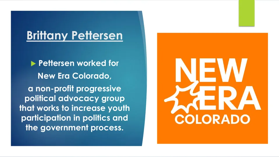Career slide describing Pettersen’s work for New Era Colorado, a group promoting youth political participation