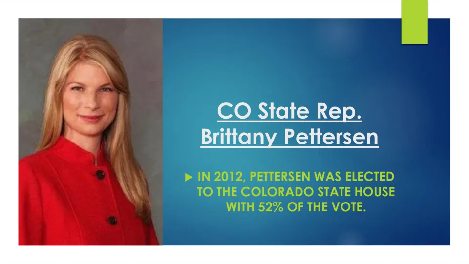State House career slide stating Pettersen was elected to the Colorado State House in 2012 with 52% of the vote