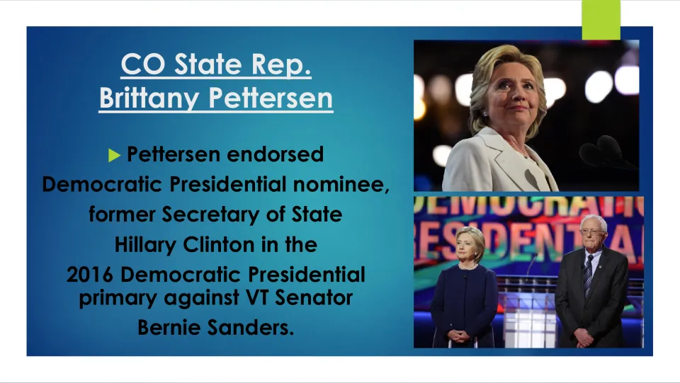 Political biography slide noting Pettersen’s endorsement of Hillary Clinton over Bernie Sanders in the 2016 primary