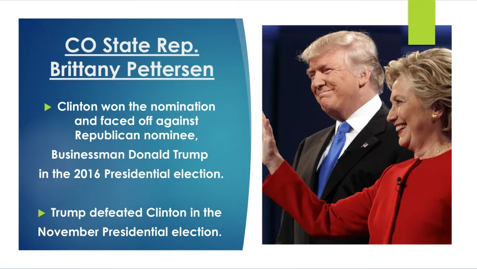 Election context slide explaining Clinton’s 2016 presidential nomination and her defeat by Donald Trump