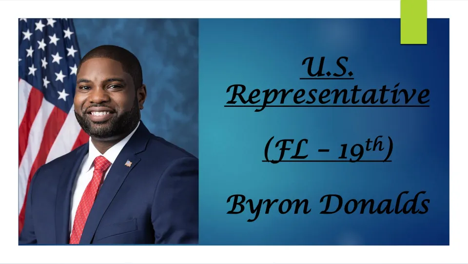 Biography presentation cover identifying Byron Donalds as U.S. Representative for Florida's 19th district
