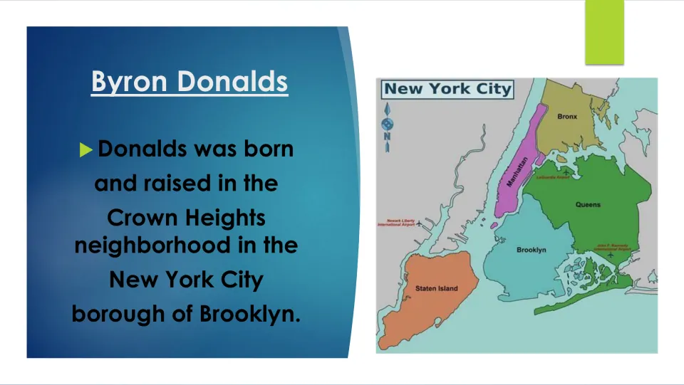 Biography slide on Donalds' upbringing in Crown Heights, Brooklyn, accompanied by a map of New York City