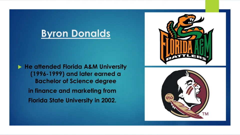 Biography slide covering Donalds' Florida A&M attendance and 2002 finance and marketing degree from Florida State